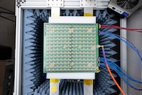A U.S. Naval Research Laboratory (NRL) X-band gallium nitride phased array awaits testing in Washington, D.C., March 23, 2026. The NRL designed device converts solar energy to a focused microwave beam with unprecedented conversion efficiency and has power beaming applications to provide warfighters with continuous electrical power anywhere at any time. (U.S. Navy photo by Sarah Peterson) RELEASED