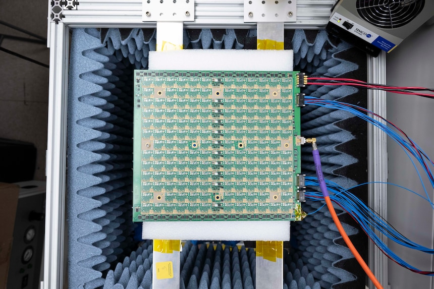 A U.S. Naval Research Laboratory (NRL) X-band gallium nitride phased array awaits testing in Washington, D.C., March 23, 2026. The NRL designed device converts solar energy to a focused microwave beam with unprecedented conversion efficiency and has power beaming applications to provide warfighters with continuous electrical power anywhere at any time. (U.S. Navy photo by Sarah Peterson) RELEASED