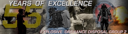 Poster graphic commemorating Explosive Ordnance Disposal Group 2's 55th Anniversary.