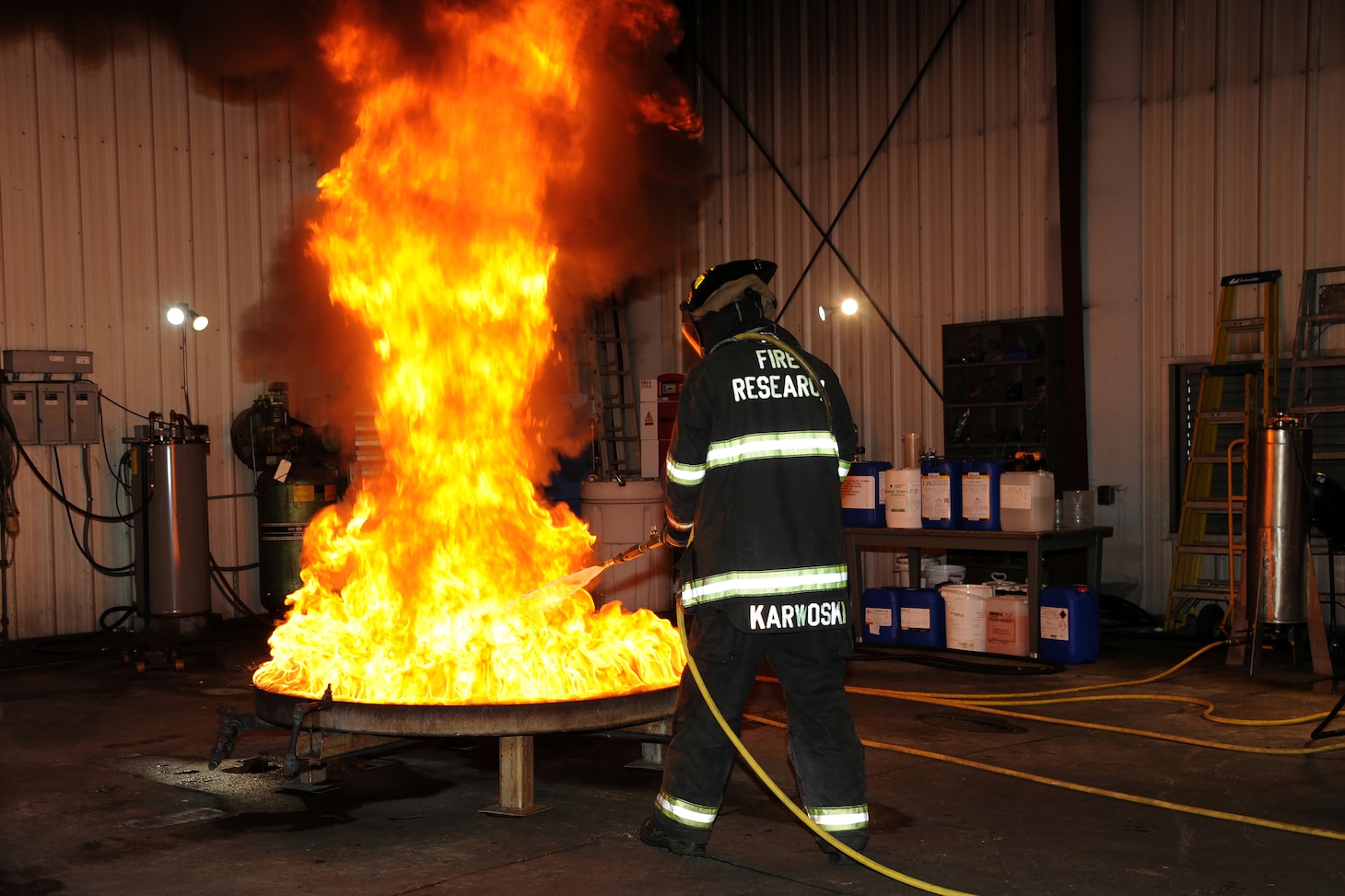 The U.S. Naval Research Laboratory’s (NRL) Safety & Survivability team conduct a fire demonstration using a commercially available fluorine-free foam product at NRL’s Chesapeake Bay Detachment, MD., Aug. 21, 2020. (U.S. Navy photo by Gayle Fullerton) RELEASED