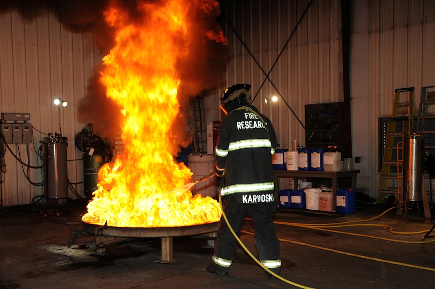 The U.S. Naval Research Laboratory’s (NRL) Safety & Survivability team conduct a fire demonstration using a commercially available fluorine-free foam product at NRL’s Chesapeake Bay Detachment, MD., Aug. 21, 2020. (U.S. Navy photo by Gayle Fullerton) RELEASED