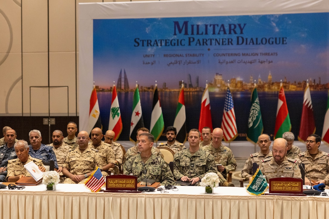 Adm. Brad Cooper, CENTCOM commander, and senior military officials from Bahrain, Egypt, Jordan, Kuwait, Lebanon, Oman, Qatar, Saudi Arabia, Syria, the United Arab Emirates, and Yemen, discuss the current regional security environment and opportunities for enhancing defense collaboration during a regional security dialogue hosted by the Bahrain Defense Force, July 1, 2026. (U.S. Central Command Public Affairs photo)
