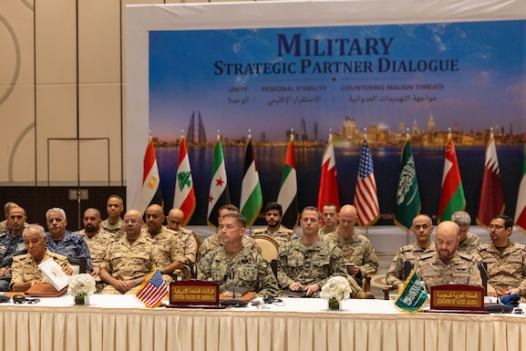 Adm. Brad Cooper, CENTCOM commander, and senior military officials from Bahrain, Egypt, Jordan, Kuwait, Lebanon, Oman, Qatar, Saudi Arabia, Syria, the United Arab Emirates, and Yemen, discuss the current regional security environment and opportunities for enhancing defense collaboration during a regional security dialogue hosted by the Bahrain Defense Force, July 1, 2026. (U.S. Central Command Public Affairs photo)