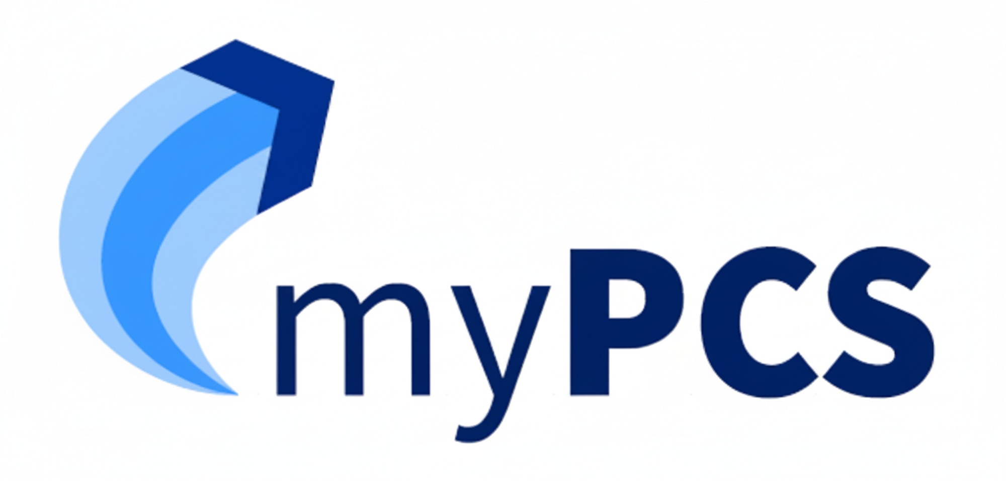 myPCS logo having a blue arrow flying from the bottom left to right, with myPCS written next to it.