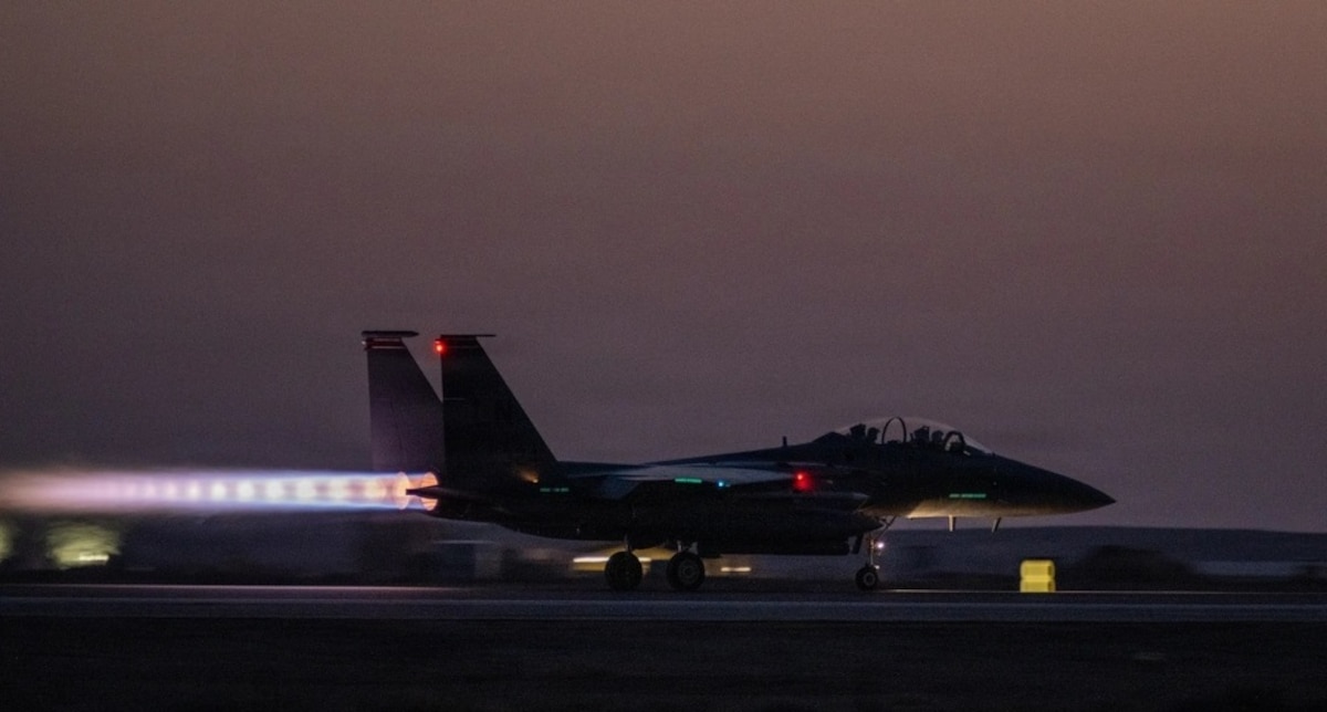 A U.S. Air Force F-15E Strike Eagle aircraft takes off at a base in the Middle East, April 28, 2026. The F-15 is an all-weather, extremely maneuverable, tactical fighter designed to permit the Air Force to gain and maintain air supremacy over the battlefield. (U.S. Air Force photo by Master Sgt. Nathan Lipscomb)