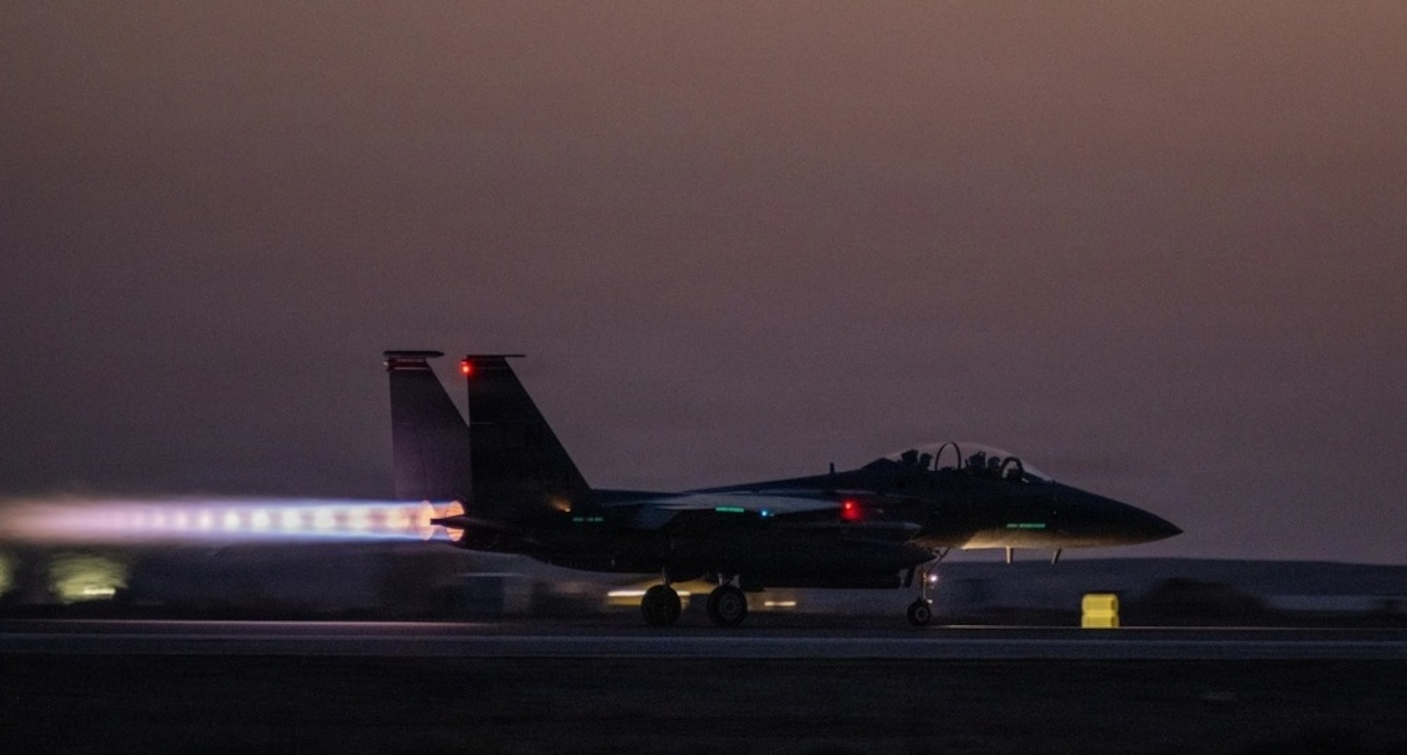 A U.S. Air Force F-15E Strike Eagle aircraft takes off at a base in the Middle East, April 28, 2026. The F-15 is an all-weather, extremely maneuverable, tactical fighter designed to permit the Air Force to gain and maintain air supremacy over the battlefield. (U.S. Air Force photo by Master Sgt. Nathan Lipscomb)
