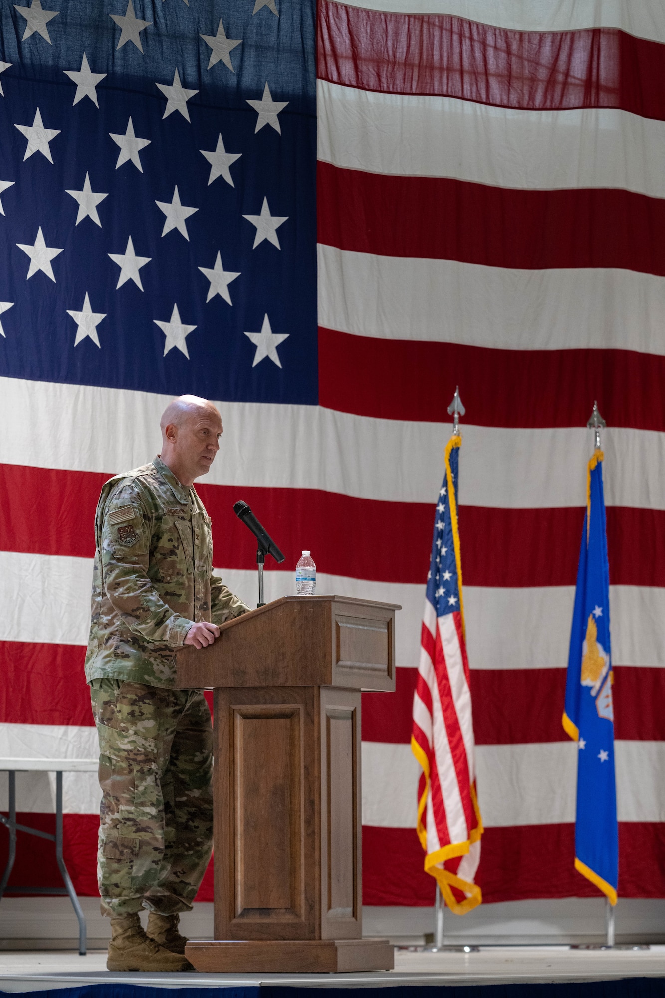 U.S. Air Force Col. Daniel Shimonsky, 91st Operations Group incoming commander, renders remarks during a change of command ceremony at Minot Air Force Base, North Dakota, June 24, 2026