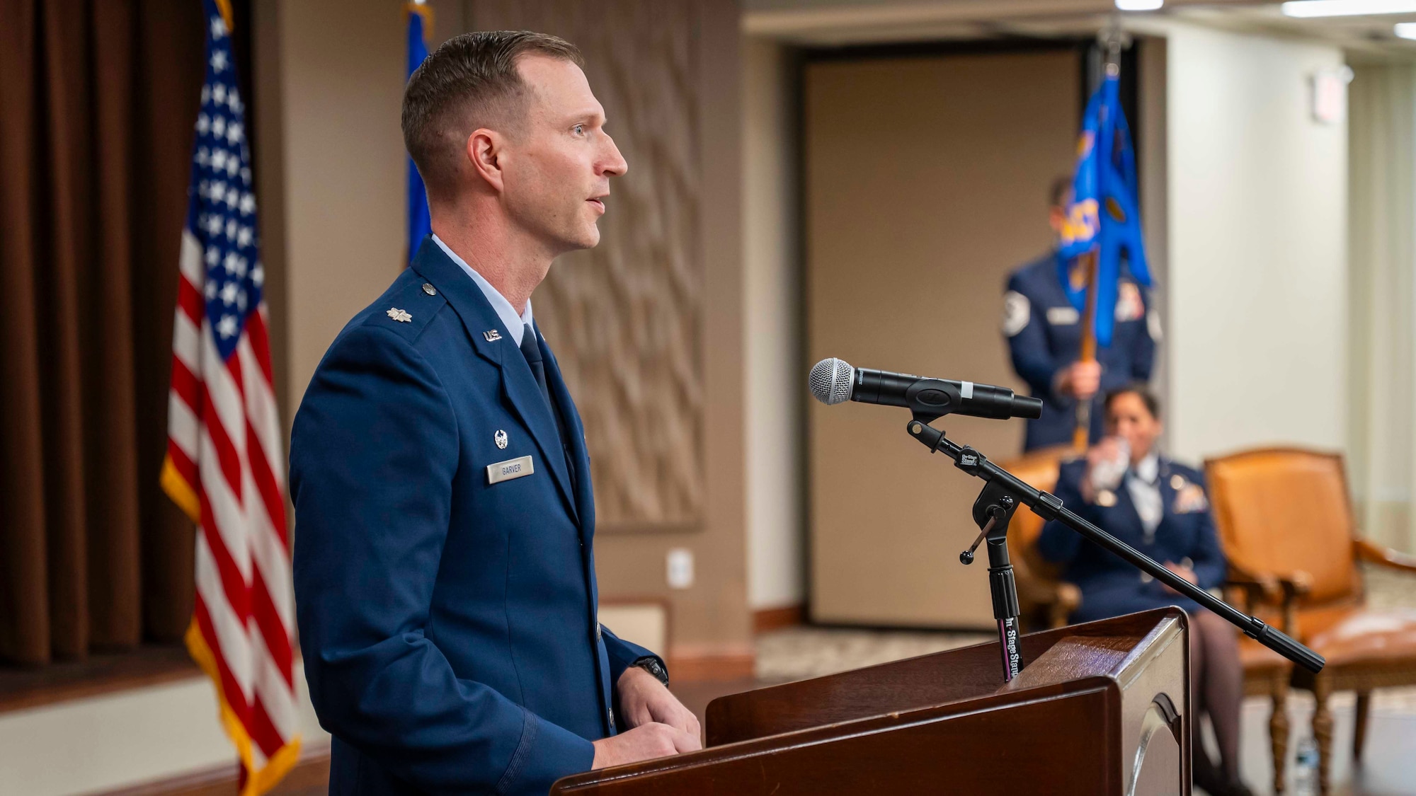 Lt. Col. Jonathan Garver delivers his initial speech to the squadron during an assumption of command ceremony.