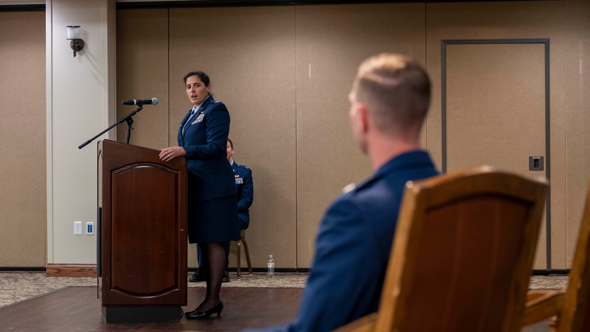 Col. Paola Ondinagives opening remarks during the Global Activities Squadron assumption of command ceremony.