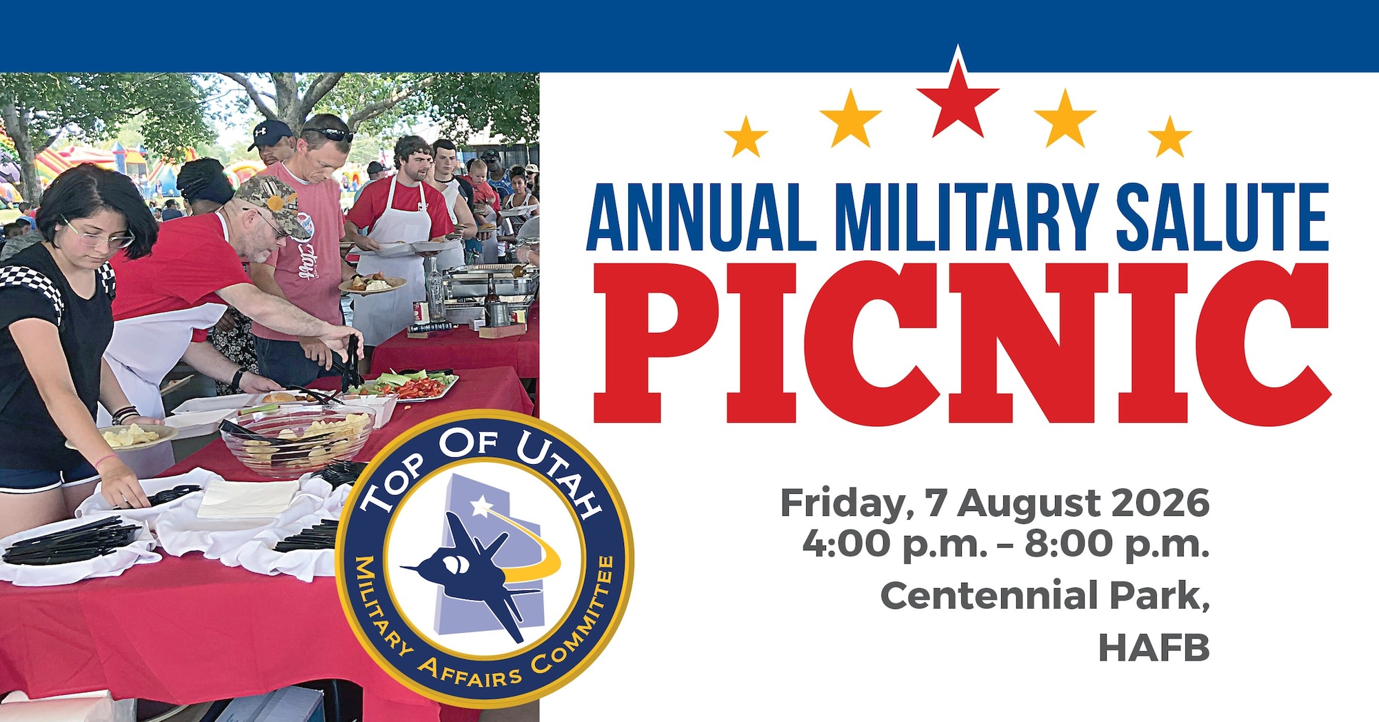Graphic depicting images of picnic tables and volunteers serving at left, and at right words Annual Military Salute Picnic and the event date and time