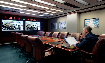 Chairman of the Joint Chiefs of Staff Gen. Dan Caine provides remarks during the 2026 African Chiefs of Defense Conference virtually from the Pentagon in Arlington, Virginia, July 1, 2026. (DoW Photo by Benjamin Applebaum)
