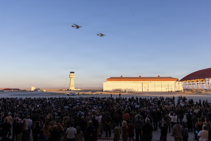 Two B-52H Stratofortress aircraft based out of Minot Air Force Base, North Dakota, and Barksdale AFB, Louisiana, fly over the Edwards AFB airfield at the conclusion of a memorial service held on June 29, 2026, at Edwards Air Force Base, California. The June 15 crash claimed the lives of Col. Gregory “Evil” Watson, Lt. Col. Gabriel “Journee” Estrella, retired Lt. Col. Miles “Vicky” Middleton, Maj. Alexander “SMO” Davis, Maj. Robert “Bolton” Dee, Maj. Brad “Slate” Hovey, Jeromy “Bobby” Smith and Christopher “Hustler” Rischar. The aircraft crashed shortly after takeoff during a routine test mission. The cause remains under investigation. The memorial service brought together the families of the fallen, members of Team Edwards, local civic leaders and senior Air Force officials. (Air Force photo by Kyle Brasier)