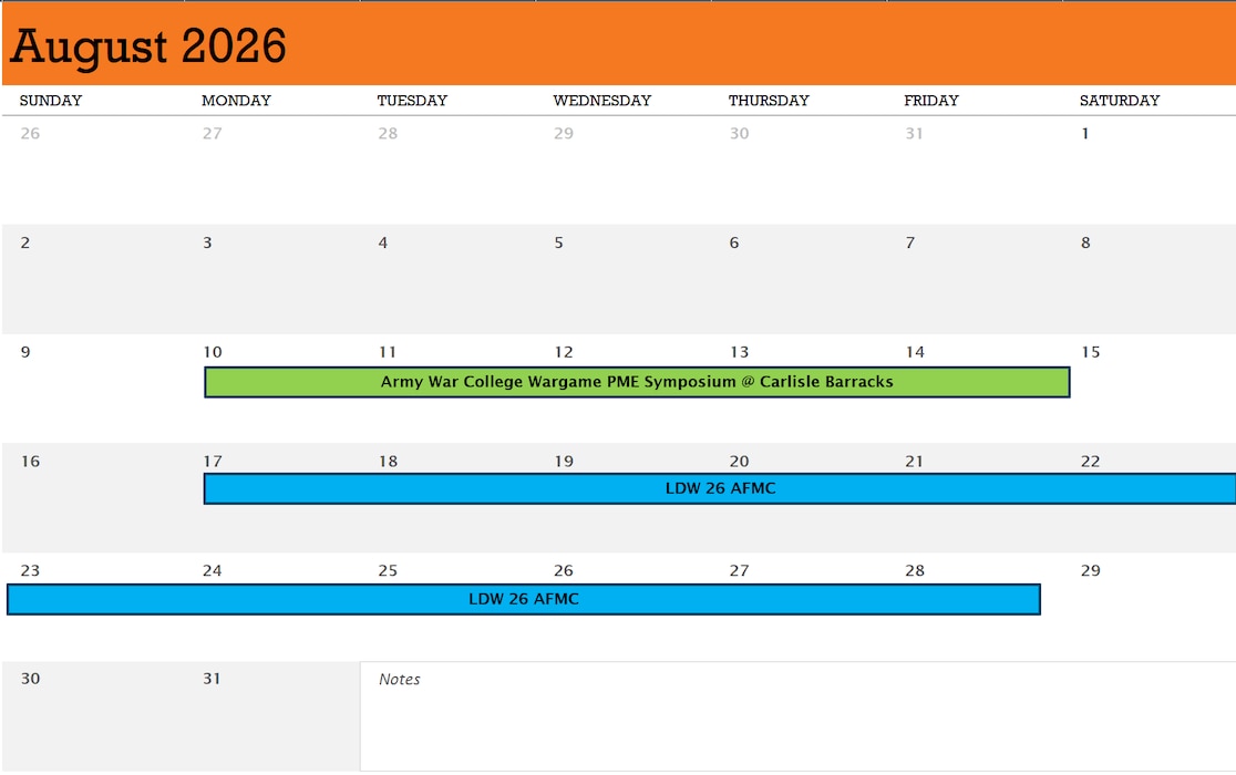 August 2026 AFWI calendar