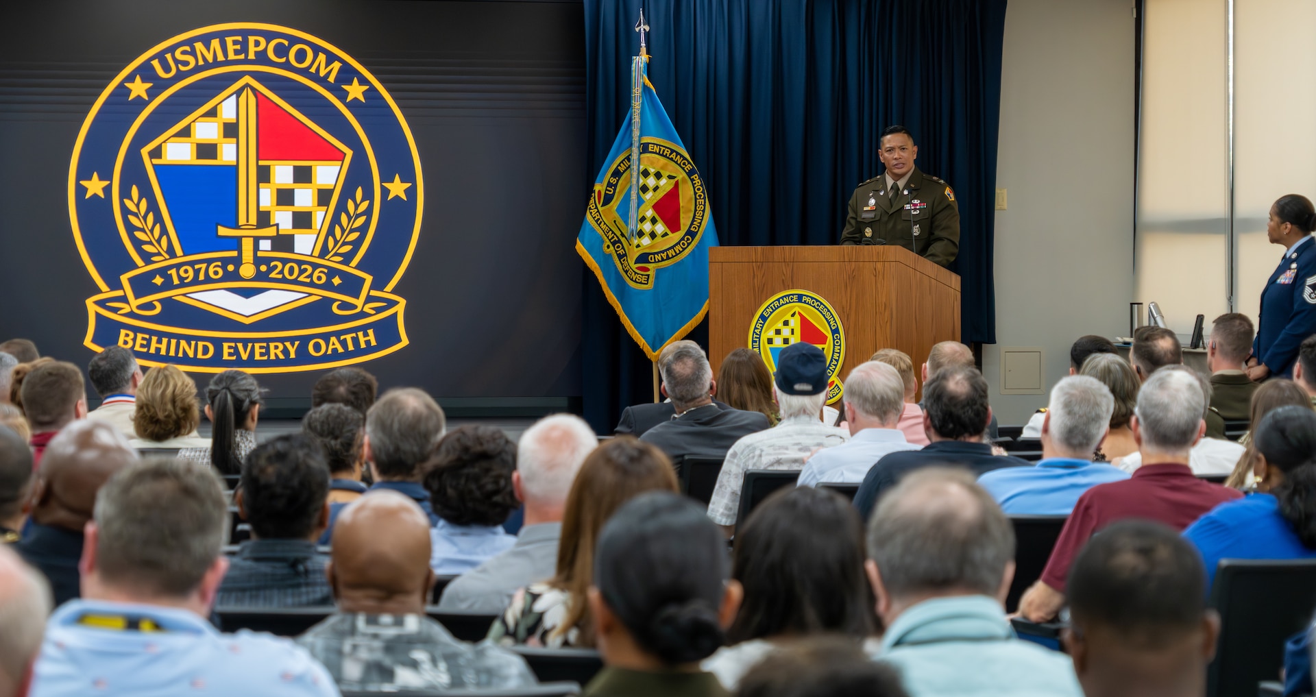 Army Col. Frankie Cochiaosue, U.S. Military Entrance Processing Command commander, delivers remarks during the USMEPCOM 50th Birthday celebration on July 1, 2026. The event is part of USMEPCOM’s 50th birthday celebration, recognizing five decades of excellence in supporting the nation’s military accession mission.