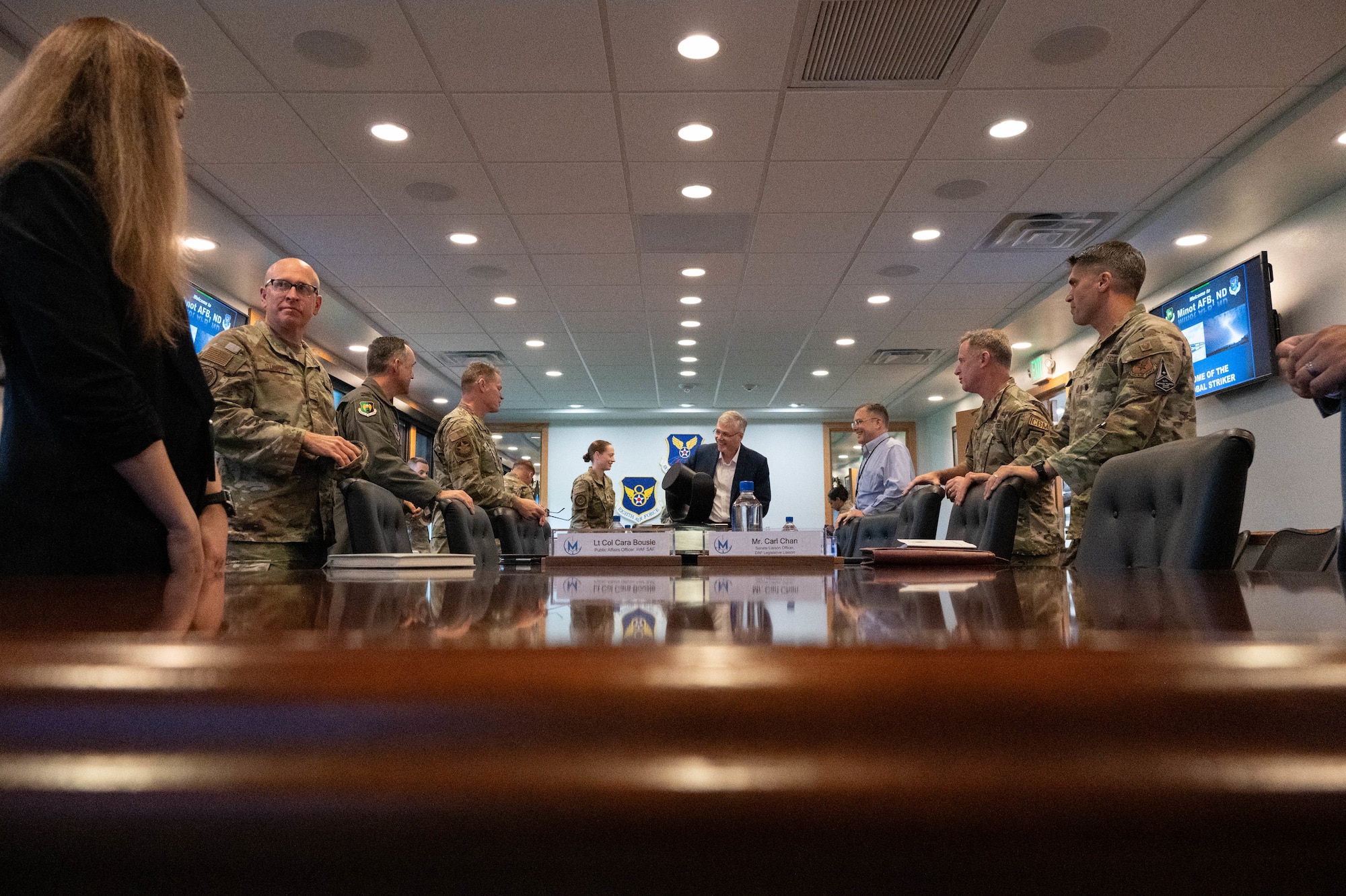 Secretary of the Air Force Troy Meink and leaders from the 5th Bomb Wing and 91st Missile Wing gather for a combined mission brief during a visit at Minot Air Force Base, North Dakota, June 29, 2026. During the visit, base leadership and Meink discussed initiatives that will enhance operational readiness and reinforce the Air Force's ability to deter potential adversaries. (U.S. Air Force photo by Senior Airman Wesley Davies)