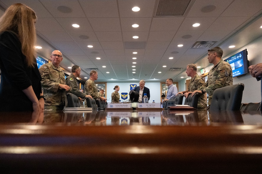 Secretary of the Air Force Troy Meink and leaders from the 5th Bomb Wing and 91st Missile Wing gather for a combined mission brief during a visit at Minot Air Force Base, North Dakota, June 29, 2026. During the visit, base leadership and Meink discussed initiatives that will enhance operational readiness and reinforce the Air Force's ability to deter potential adversaries. (U.S. Air Force photo by Senior Airman Wesley Davies)