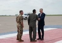 Secretary of the Air Force Troy Meink is greeted by U.S. Air Force Col. Jesse Lamarand, 5th Bomb Wing commander, and U.S. Air Force Col. James Schlabach, 91st Missile Wing commander, upon arrival at Minot Air Force Base, North Dakota, June 29, 2026. The visit reinforced Minot AFB’s commitment to strengthening readiness, enhancing warfighting capabilities, and maintaining credible deterrence in support of national defense objectives. (U.S. Air Force photo by Senior Airman Wesley Davies)