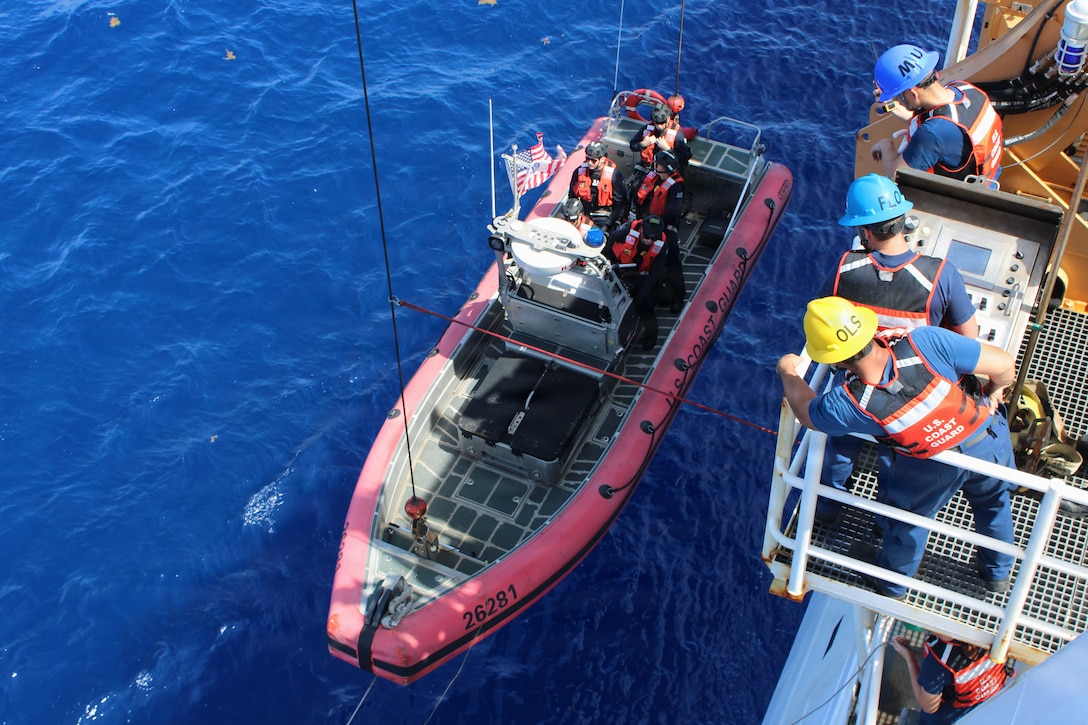 Legend-class national security cutter USCGC Kimball (WMSL 756) crews conduct small boat training utilizing the Kimball’s 26-foot Over the Horizon cutter boat while patrolling off the coast of Florida April 24, 2026. During their patrol, Kimball's crew monitored activity and shadowed suspected dark fleet oil tankers operating in the region, working in coordination with Coast Guard District Southeast and U.S. Southern Command. (U.S. Coast Guard photo by Ensign James Griswold).