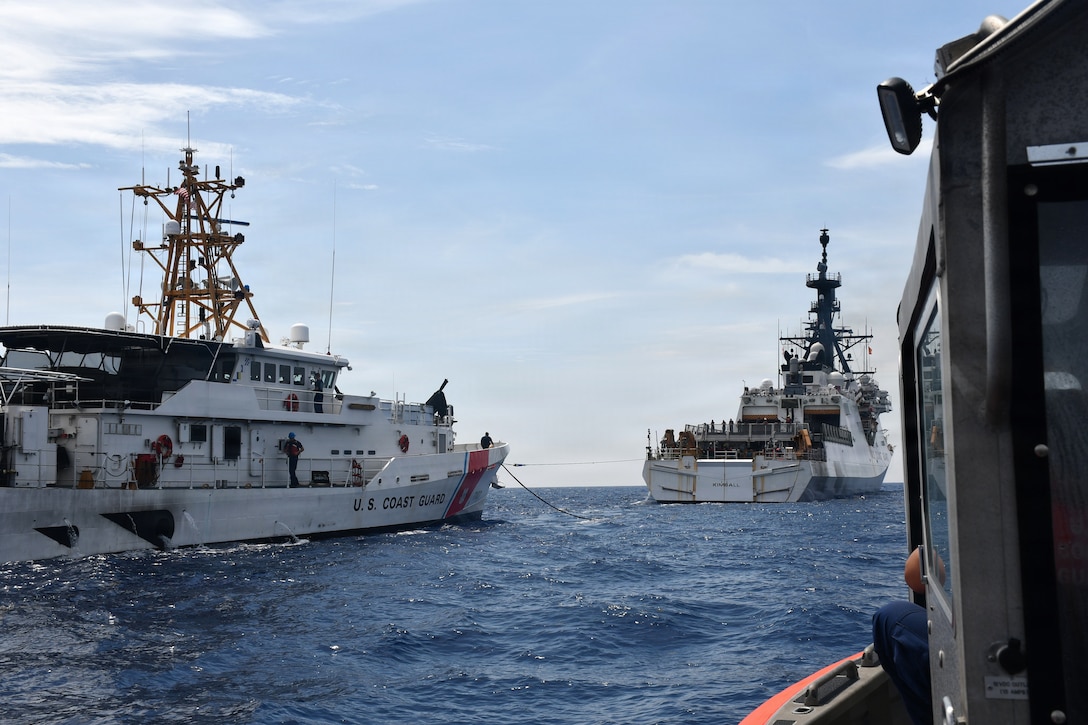 The Legend-class national security cutter USCGC Kimball (WMSL 756) conducts an astern refueling-at-sea evolution with the Sentinel-class fast response cutter USCGC Charles David Jr. (WPC 1107) off the coast of Florida May 29, 2026. Refueling at sea extends the Charles David Jr.’s operational time on scene. (U.S. Coast Guard photo by Petty Officer 2nd Class Raul Martinez)