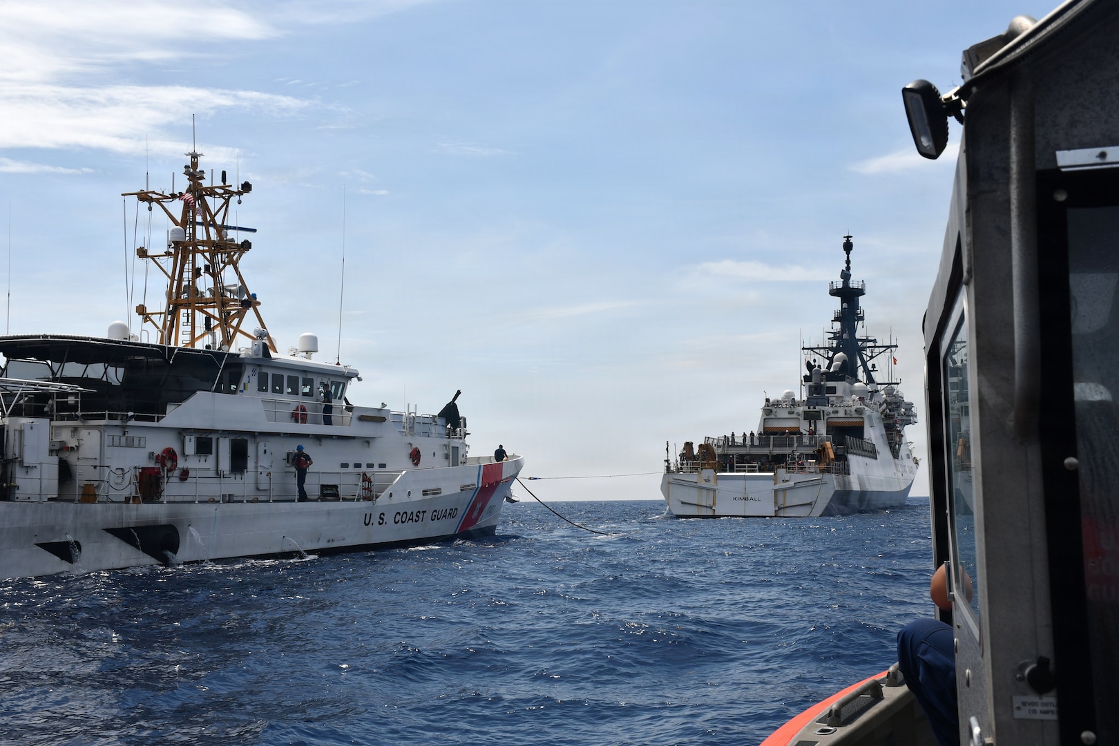 The Legend-class national security cutter USCGC Kimball (WMSL 756) conducts an astern refueling-at-sea evolution with the Sentinel-class fast response cutter USCGC Charles David Jr. (WPC 1107) off the coast of Florida May 29, 2026. Refueling at sea extends the Charles David Jr.’s operational time on scene. (U.S. Coast Guard photo by Petty Officer 2nd Class Raul Martinez)