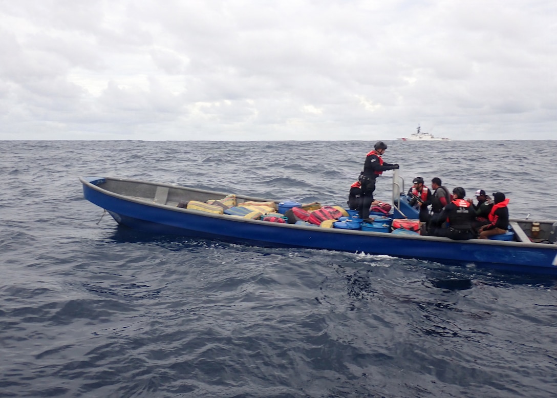 Legend-class national security cutter USCGC Kimball (WMSL 756) crew members interdict a go-fast vessel at sea resulting in the seizure of approximately 2,138 pounds of contraband, worth an estimated $10 million while patrolling the Eastern Pacific Ocean, June 7, 2026. Kimball's crew facilitated the transfer of contraband and suspected smugglers to Panama’s National Aeronaval Service (SENAN) for further disposition (U.S. Coast Guard photo by Petty Officer 1st Class Michael Maust).