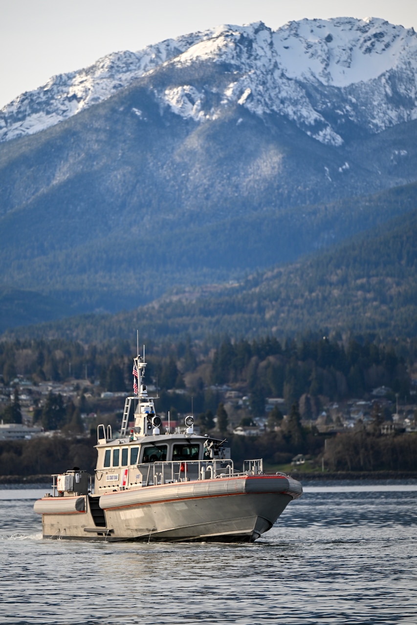 A boat sits in waters off a coast with a forest and snow-capped mountains in the background.