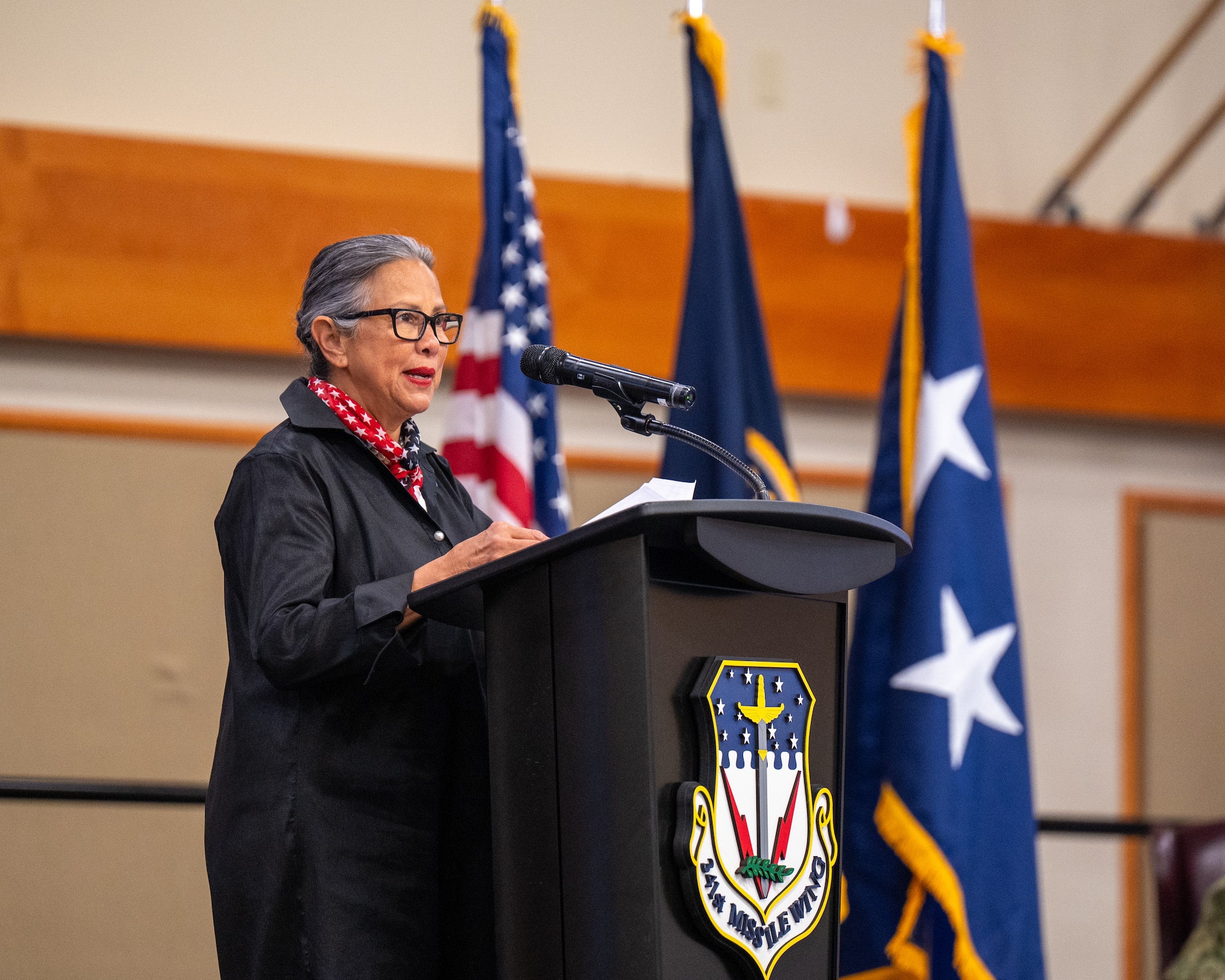 Nebraska State Sen. Rita Sanders, a member of the Strategic Command Consultation Committee (SCCC), speaks to the Airmen of the 341st Missile Wing during the Omaha Trophy presentation ceremony at Malmstrom Air Force Base, Montana, June 18, 2026. The SCCC is a historic, Omaha-based civic organization comprised of senior business and community leaders, focused on providing civilian support for U.S. Strategic Command and recognizing excellence in the nation's nuclear enterprise. (U.S. Air Force photo by Tech. Sgt. Aaron Thomasson)