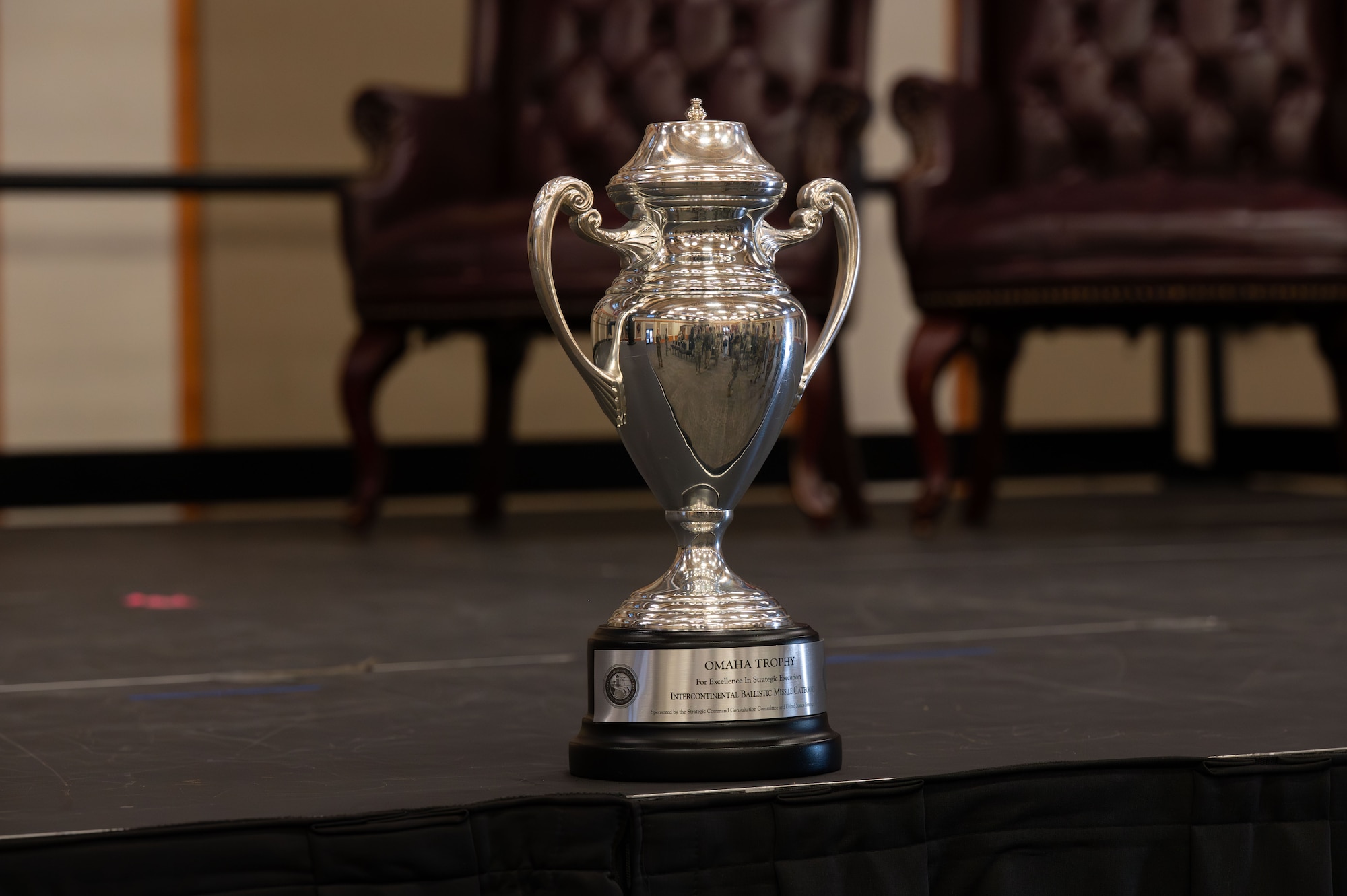 The 2025 Omaha Trophy is presented at Malmstrom Air Force Base, June 18, 2026. The 341st Missile Wing earned the trophy through its efforts to sustain the U.S. Strategic Command’s mission of strategic deterrence by operating the 341st MW’s intercontinental ballistic missile force and maintaining the Minuteman III missile system far beyond its initial lifespan. (U.S. Air Force photo by Airman 1st Class Ethan Wilson)