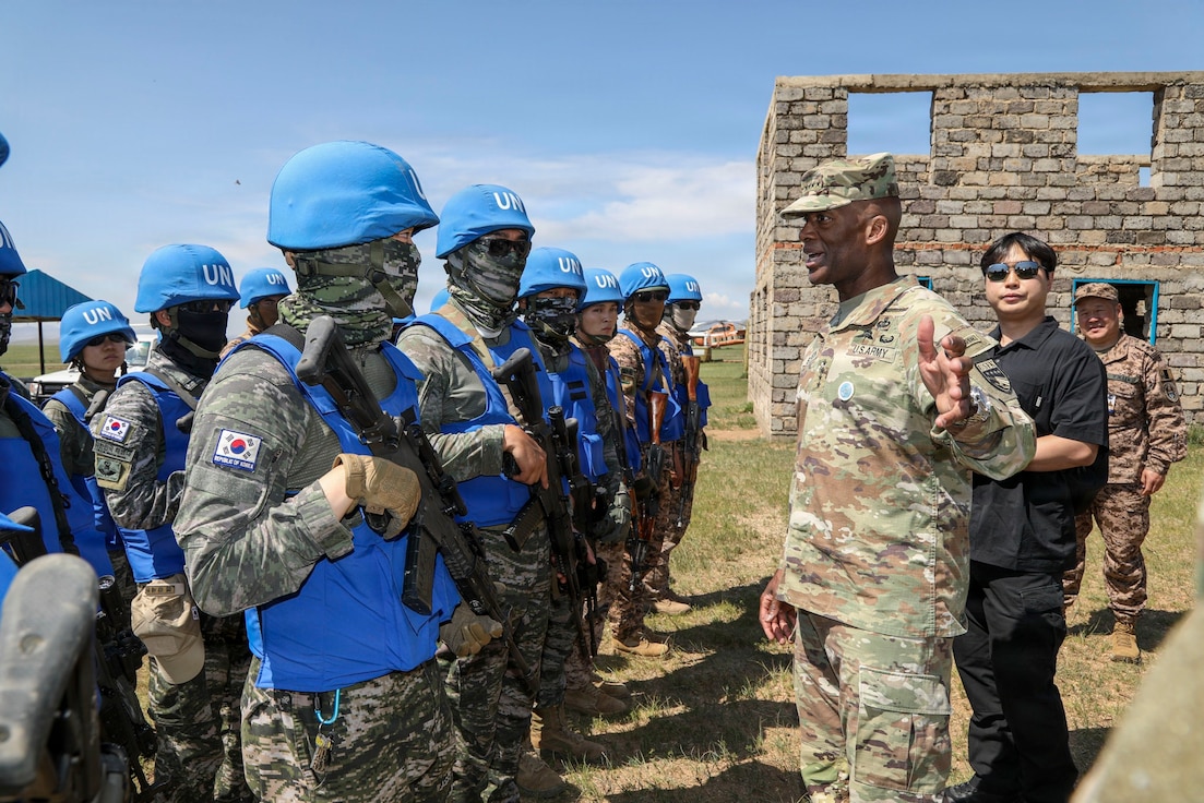 Gen. Xavier T. Brunson, commander of UNC/CFC/USFK, meets with ROK Marines from the 1st Marine Division's 3rd Brigade during exercise Khaan Quest 2026 to commend their participation and emphasize the ROK-U.S. alliance.