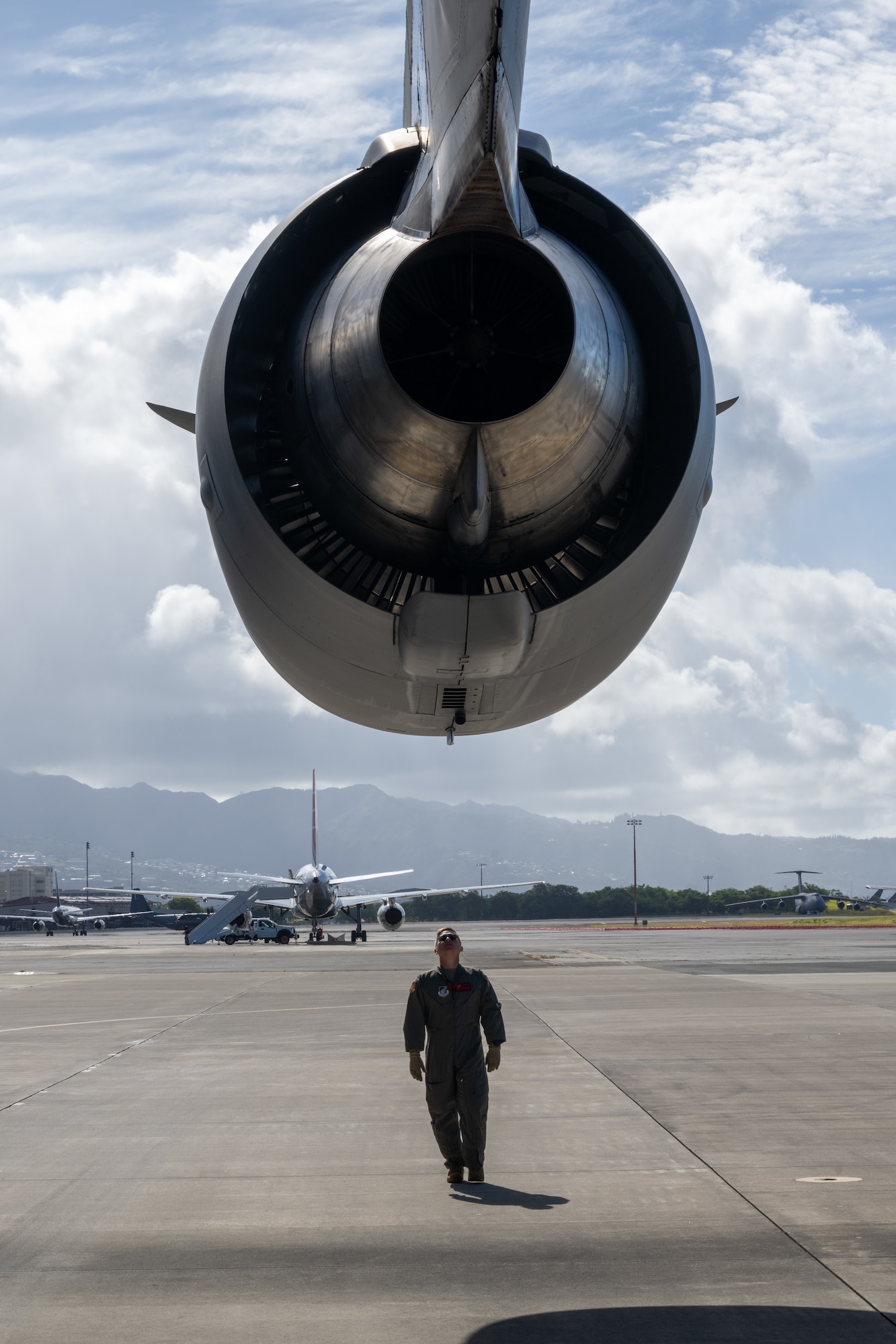 U.S. Air Force Capt. Joshua Hoffman, 535th Airlift Squadron pilot, inspects a C-17 Globemaster III prior to take off.