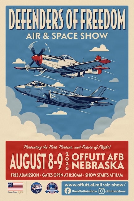 A vector graphic created for the 2026 Defenders of Freedom Air Show at Offutt Air Force Base, Nebraska, honors the "Freedom250" theme by celebrating the past, present, and future of aviation, June 8, 2026. The graphic pairs a vintage P-51 Mustang with an F-35 Lightning II to symbolize the evolution of military flight heritage. Designed in Adobe Illustrator and Firefly, this graphic will serve as the primary visual centerpiece across print and digital platforms leading up to the event.