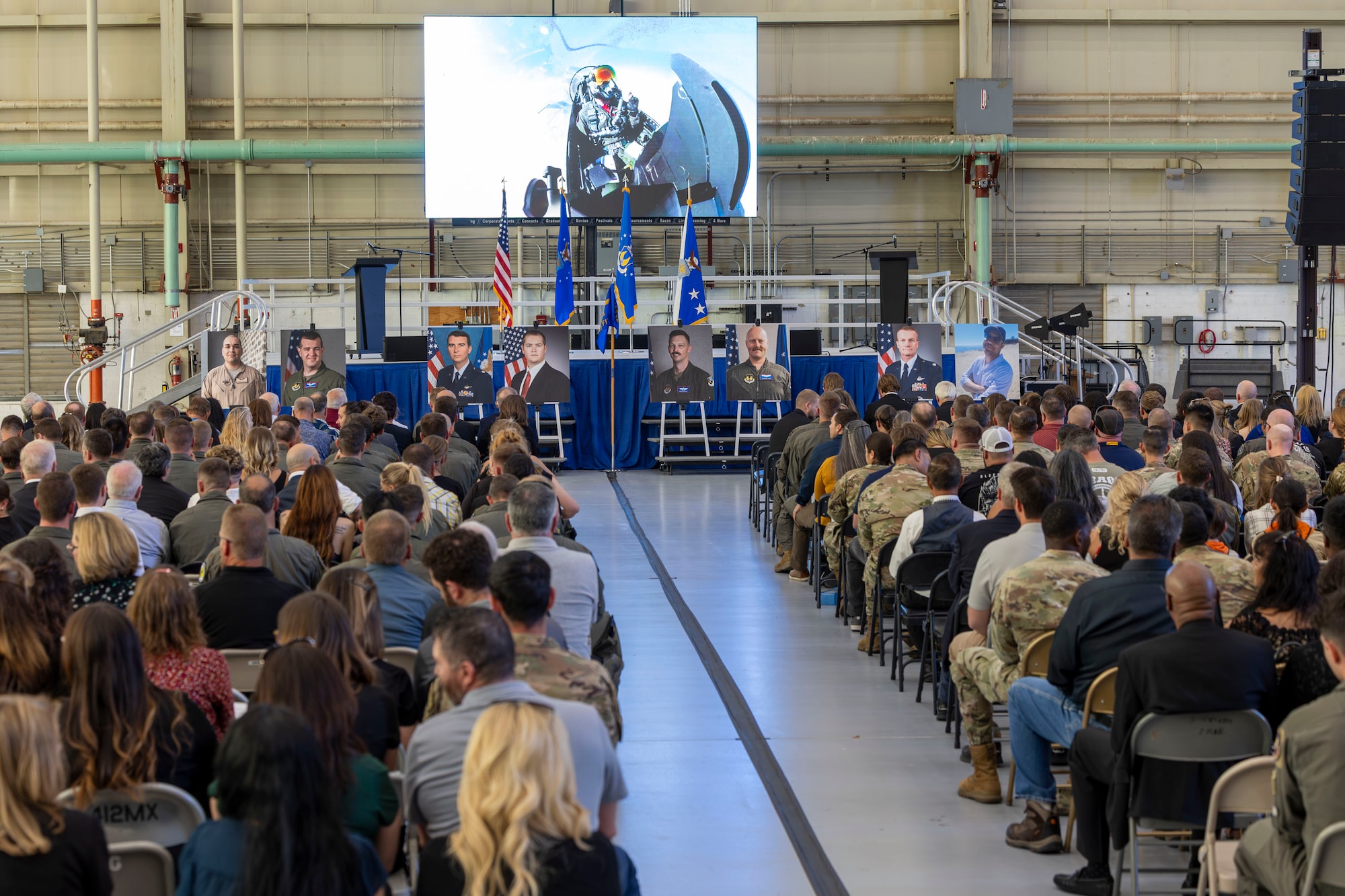 Family, friends, local civic officials and senior Air Force leadership attend a memorial service for eight fallen B-52 crewmembers at Edwards Air Force Base, California, June 29, 2026. The June 15 crash claimed the lives(left to right) Lt. Col. Gabriel “Journee” Estrella, Maj. Alexander “SMO” Davis, retired Lt. Col. Miles “Vicky” Middleton, Jeromy “Bobby” Smith, Maj. Brad “Slate” Hovey, Maj. Robert “Bolton” Dee, Col. Gregory “Evil” Watson and Christopher “Hustler” Rischar. The aircraft crashed shortly after takeoff during a routine test mission. The cause remains under investigation. (Air Force photo by Blaine Torres)