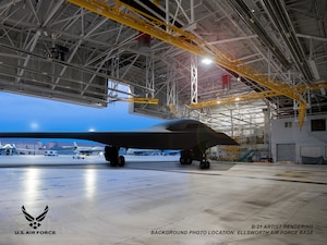 An artist's rendering depicts a U.S. Air Force B-21 Raider inside a maintenance hangar at Ellsworth Air Force Base, South Dakota. The 28th Bomb Wing at Ellsworth was selected as the first main operating base and formal training unit for the next-generation stealth bomber. Defense infrastructure construction is underway at the installation to prepare for the arrival and integration of the aircraft. (U.S. Air Force graphic)