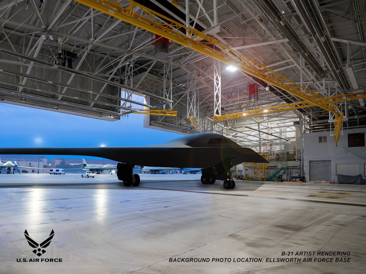 An artist's rendering depicts a U.S. Air Force B-21 Raider inside a maintenance hangar at Ellsworth Air Force Base, South Dakota. The 28th Bomb Wing at Ellsworth was selected as the first main operating base and formal training unit for the next-generation stealth bomber. Defense infrastructure construction is underway at the installation to prepare for the arrival and integration of the aircraft. (U.S. Air Force graphic)