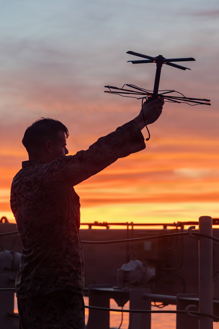 A Marine, shown in silhouette, against an orange-colored sky, holds up an antenna near a body of water.