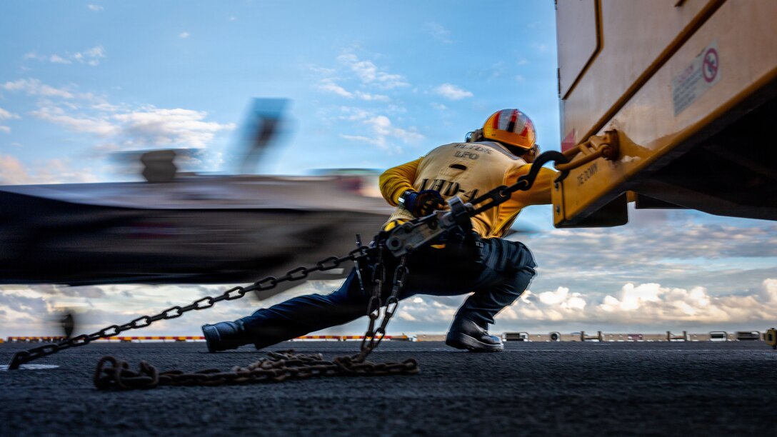 A U.S. Marine Corps F-35B Lighting II assigned to Marine Fighter Attack Squadron (VMFA) 122, 11th Marine Expeditionary Unit, takes-off during flight operations aboard Wasp-class amphibious assault ship USS Boxer (LHD 4) in the Indian Ocean, June 23, 2026. The 11th MEU, embarked aboard the Boxer Amphibious Ready Group, is a persistent, combat credible force contributing to deterrence and crisis response in the U.S. 7th Fleet area of operations. U.S. 7th Fleet, the U.S. Navy's largest forward-deployed numbered fleet, routinely interacts and operates with allies and partners to preserve a free and open Indo-Pacific. (U.S. Marine Corps photo by Sgt. Trent A. Henry)