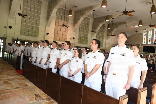 260630-N-JB216-4202 Jacksonville, Fla. (June 30, 2026) Naval Hospital Jacksonville's award-winning Family Medicine Residency Program graduates stand in formation during a ceremony at Naval Air Station Jacksonville's All Saints Chapel June 30. Twenty-nine physicians are the latest graduates of the program, which is currently celebrating its 56th year of continuous accreditation. (U.S. Navy photo by Kie Savage, Naval Hospital Jacksonville/Released).