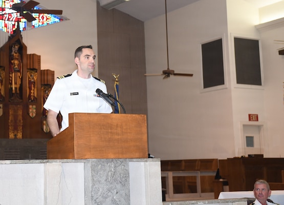 260630-N-JB216-6408 Jacksonville, Fla. (June 30, 2026) Graduating resident Lt. Cmdr. Douglas George, addresses his colleagues during the Naval Hospital Jacksonville Family Medicine Residency Program graduation June 30, aboard Naval Air Station Jacksonville. The program, now in its 56th year of continuous accreditation, has earned numerous awards for scholarly activity, teaching and clinical training. (U.S. Navy photo by Kie Savage, Naval Hospital Jacksonville/Released).