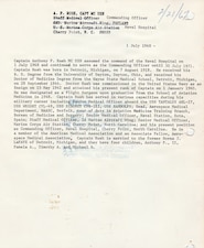 The command biography for Navy Capt. Anthony Rush.  Rush was the first commander of Naval Hospital Cherry Point, assuming leadership on July 1, 1968.  A Navy doctor, he previously served as Senior Medical Officer for MCAS Cherry Point, Staff Medical Officer for 2nd Marine Aircraft Wing, and Senior Medical Officer for Naval Station, Rota, Spain, and led the hospital until July 30, 1971.