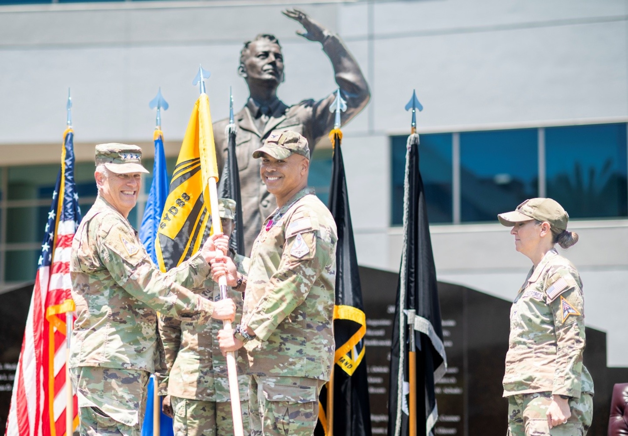U.S. Space Force Lt. Gen. Philip Garrant, commander of Space Systems Command, presides over a change of command ceremony during which Col. A.J. Ashby relinquishes command of System Delta 88 to Col. Ryan Rose at Los Angeles Air Force Base in El Segundo, California, June 26, 2026. The change of command is a time-honored tradition, symbolizing the formal transfer of authority from one commanding officer to another. (U.S. Space Force photo by Van Ha)