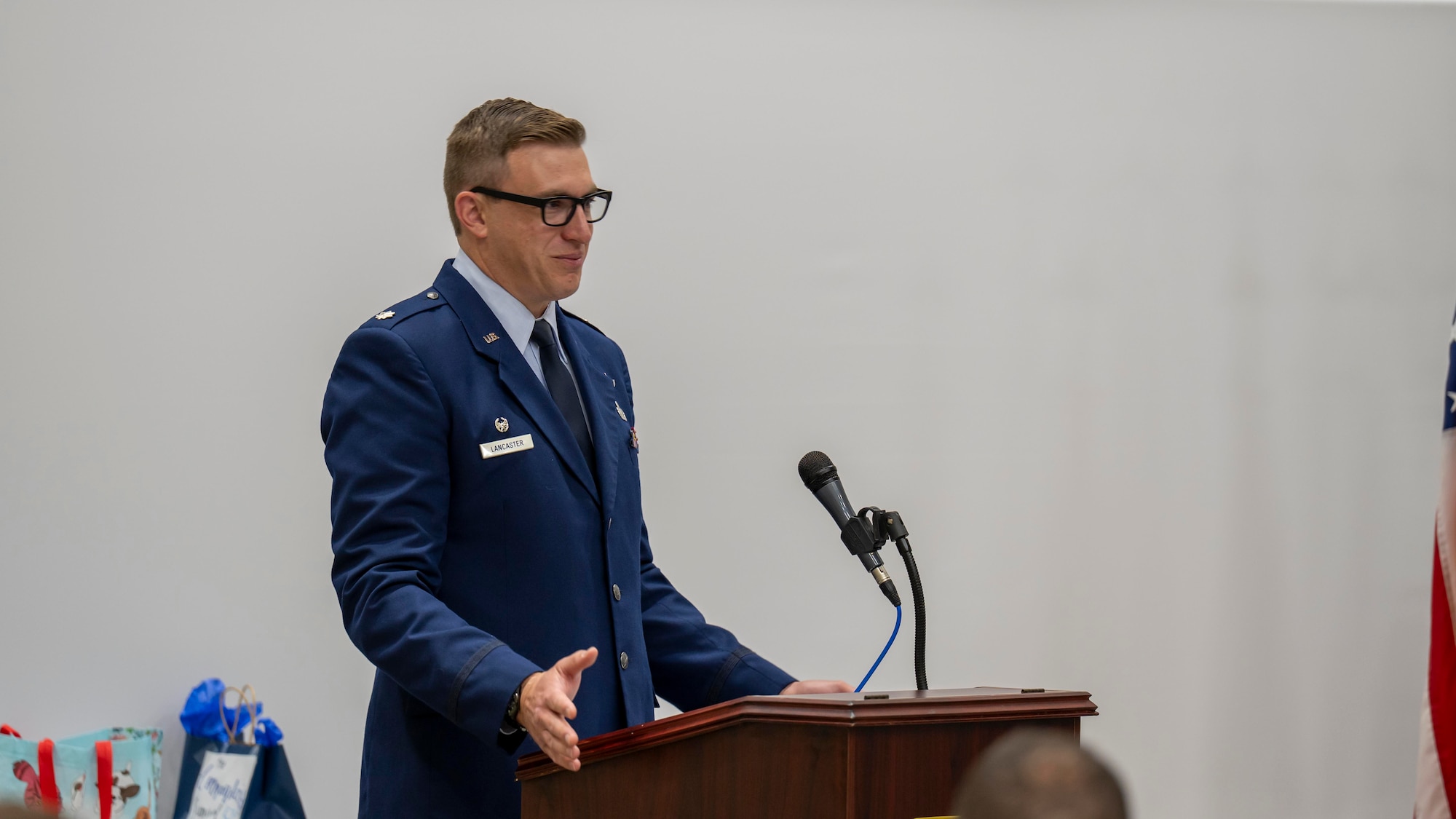 Col. James Lancaster addresses the squadron during the GXF change of command ceremony.