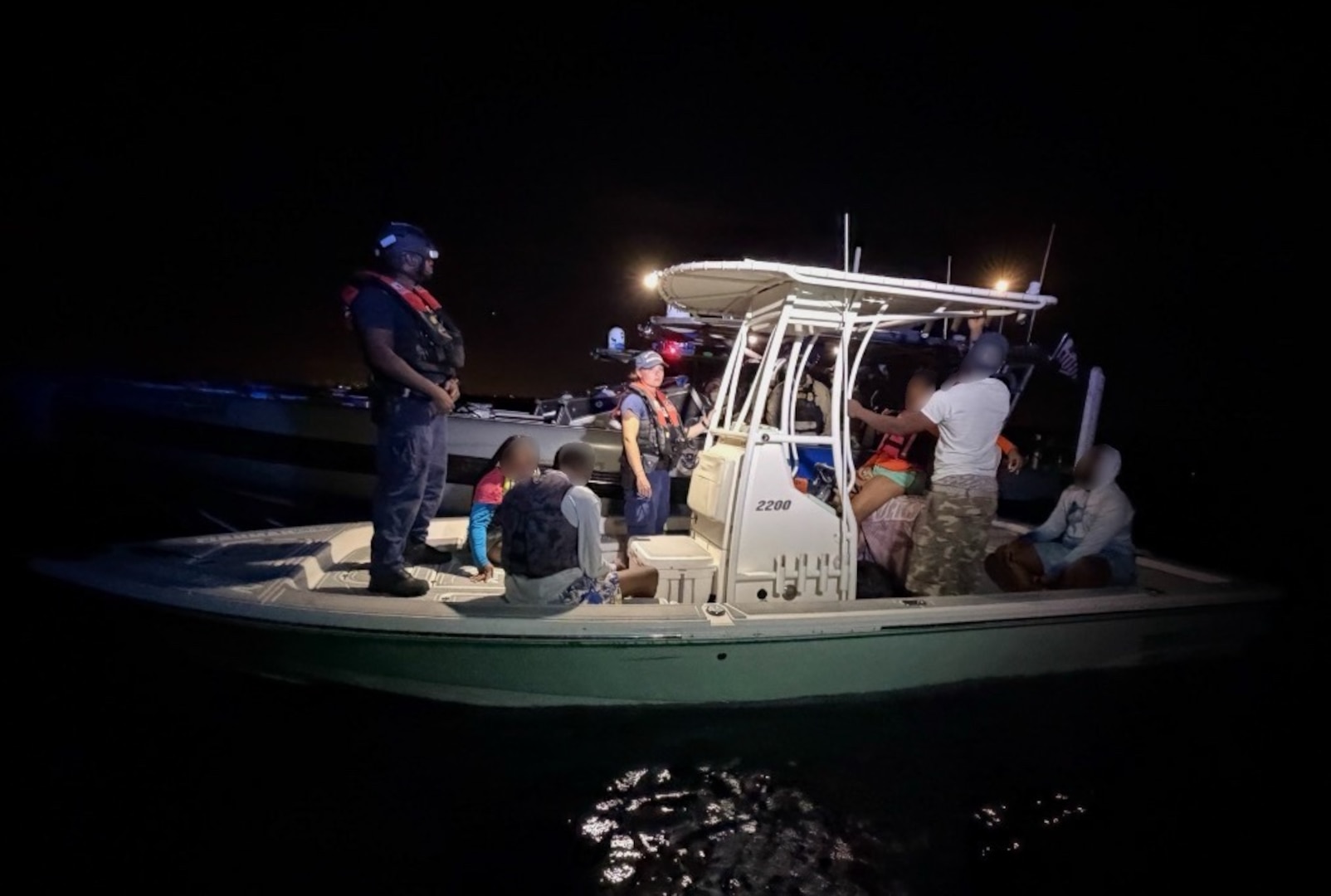 Coast Guard Cutter Richard Etheridge’s crew and Customs and Border Protection Air and Marine Operations law enforcement officers interdicted an unlit vessel carrying five aliens and one U.S. citizen, June 25, 2026, approximately 11 miles east of Government Cut. A Coast Guard Station Miami Beach law enforcement crew transferred five aliens to U.S. Border Patrol for further investigation, following an interdiction approximately 11 miles east of Government Cut. (U.S. Coast Guard photo)
