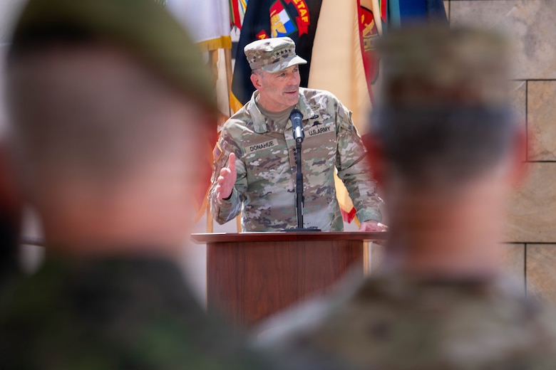 U.S. Army Gen. Christopher Donahue delivers remarks during his relinquishment of command ceremony July 2, 2026, at Clay Kaserne in Wiesbaden, Germany. During his tenure, Donahue led efforts to develop and scale the Eastern Flank Deterrence Initiative, a transformational warfighting concept designed to integrate land forces in support of NATO's regional defense plans. (U.S. Army photo by Staff Sgt. Jonathan Enger)