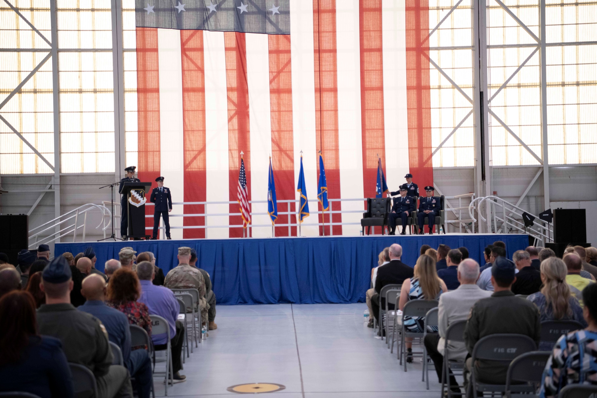 Lt. Gen. Linda Hurry, commander of Air Force Materiel Command, delivers remarks during the Air Force Test Center change of command ceremony at Edwards Air Force Base, California, June 30, 2026. During her remarks, Hurry reflected on Maj. Gen. Scott Cain, outgoing commander of AFTC accomplishments as commander and expressed confidence in Brig. Gen. Mark Massaro’s leadership of the organization. (U.S. Air Force photo by Master Sgt. Tabatha Arellano)