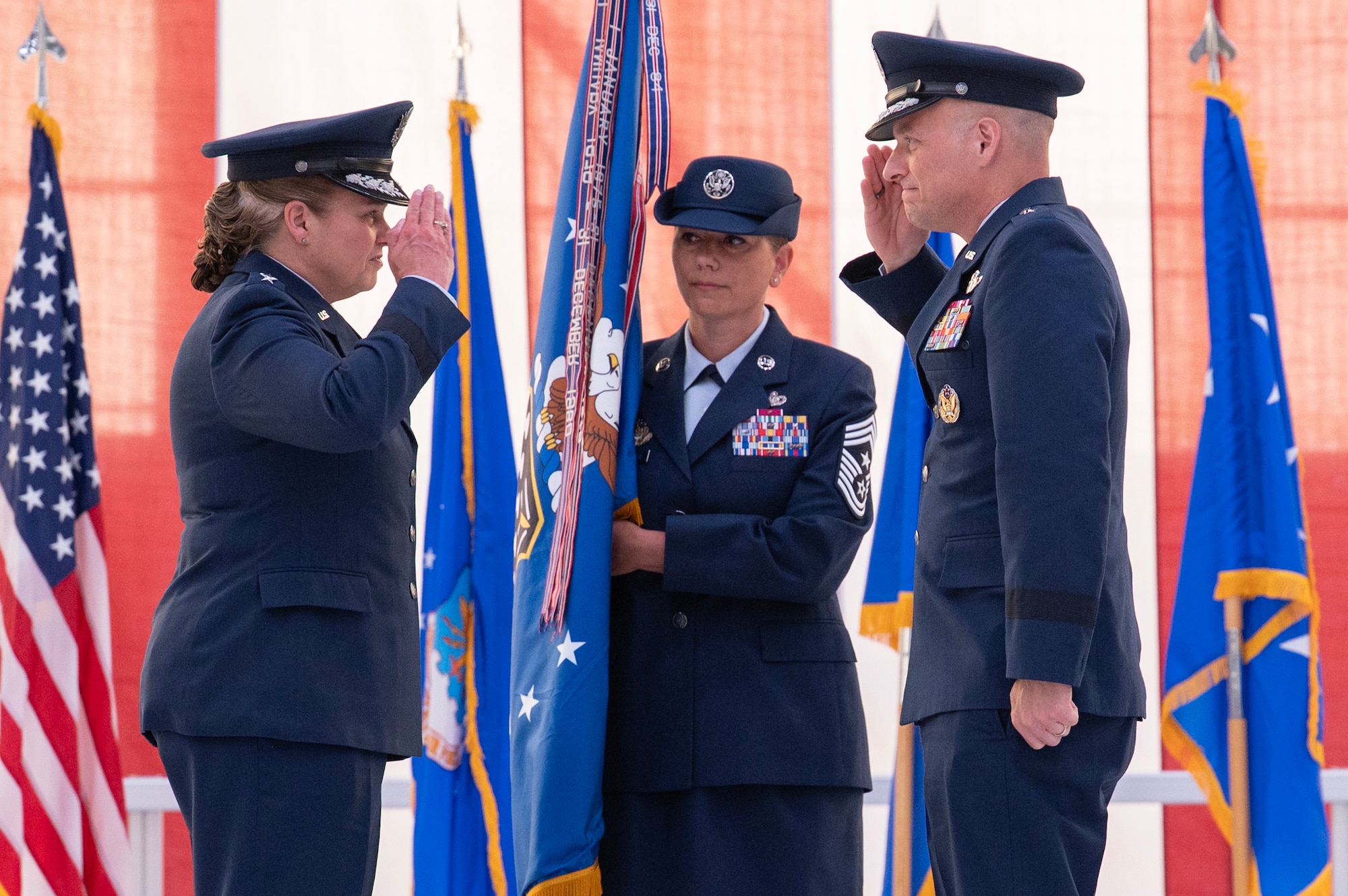 Brig. Gen. Mark Massaro, Air Force Test Center commander, salutes Lt. Gen. Linda Hurry, commander of Air Force Materiel Command, during the Air Force Test Center change of command ceremony at Edwards Air Force Base, California, June 30, 2026. Massaro now directs a $35 billion enterprise of more than 18,000 military, civilian and contractor personnel across Edwards AFB, Eglin AFB and Arnold Engineering Development Complex. (U.S. Air Force photo by Tech. Sgt. Robert Cloys)