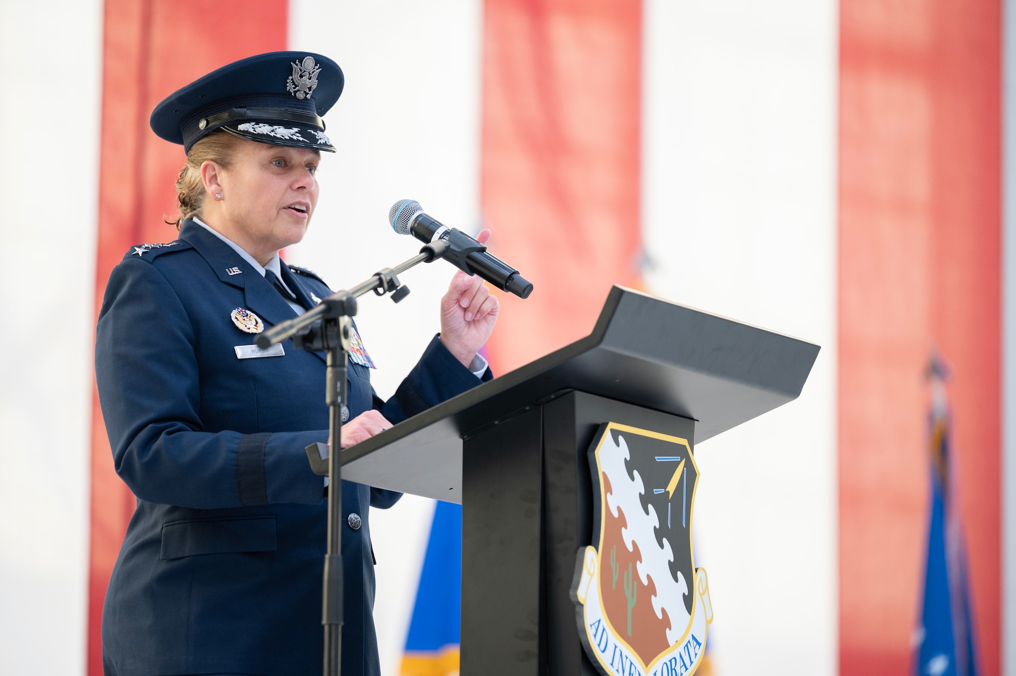 Lt. Gen. Linda Hurry, commander of Air Force Materiel Command, speaks during the Air Force Test Center change of command ceremony at Edwards Air Force Base, California, June 30, 2026. The Air Force Test Center conducts developmental and follow-on testing and evaluation of manned and unmanned aircraft, avionics, weapons, cyber systems, space capabilities and emerging areas such as directed energy and autonomy. (U.S. Air Force photo by Tech. Sgt. Robert Cloys)