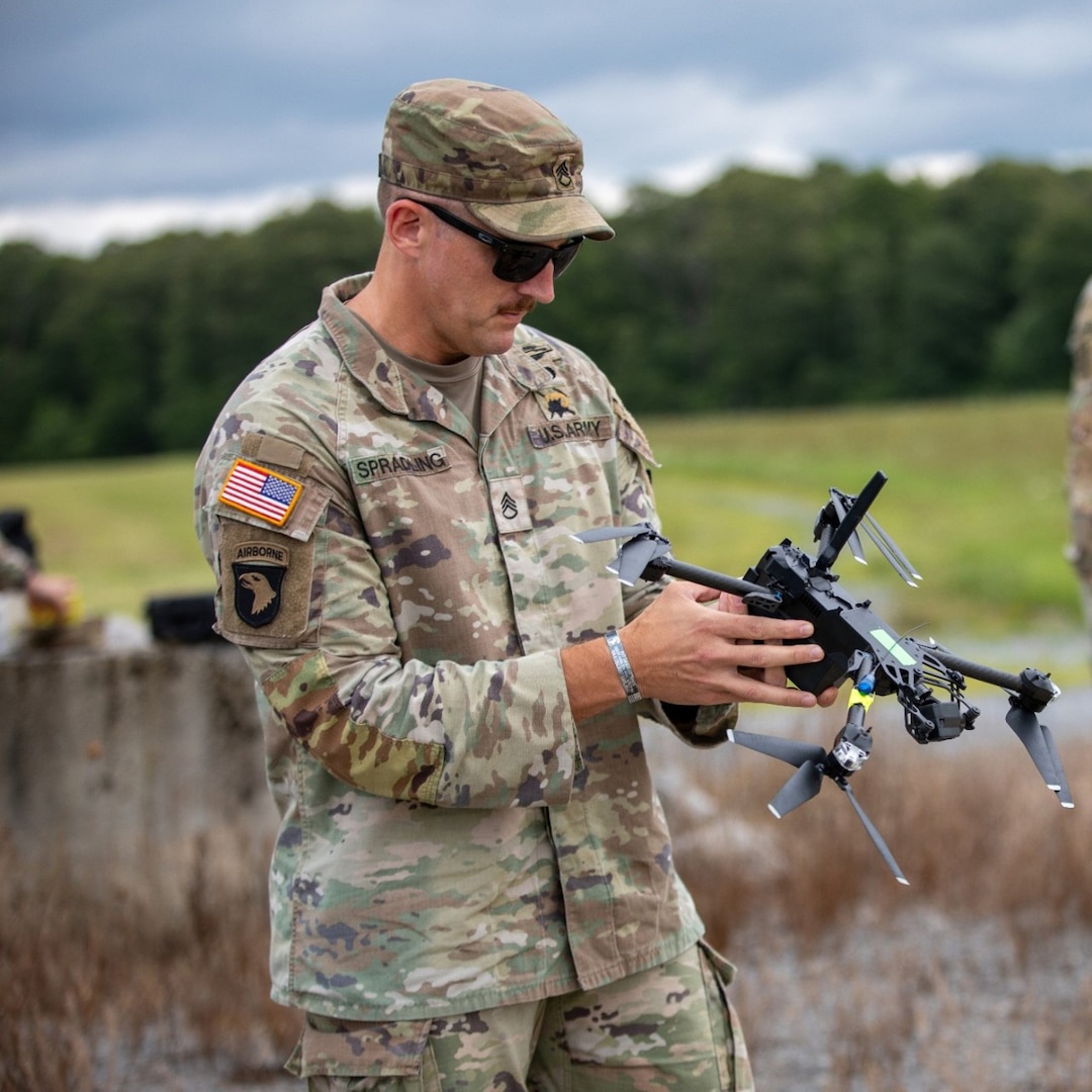 Staff Sgt. Alexander Spradling, an instructor with the 1-117th Military Police Battalion’s Multifunction Company prepares to launch an RQ-28A, a small, unmanned aircraft during the Small Unmanned Aircraft System, or SUAS, Master Trainer pilot course at Tullahoma’s Volunteer Training Site, June 23, 2026.