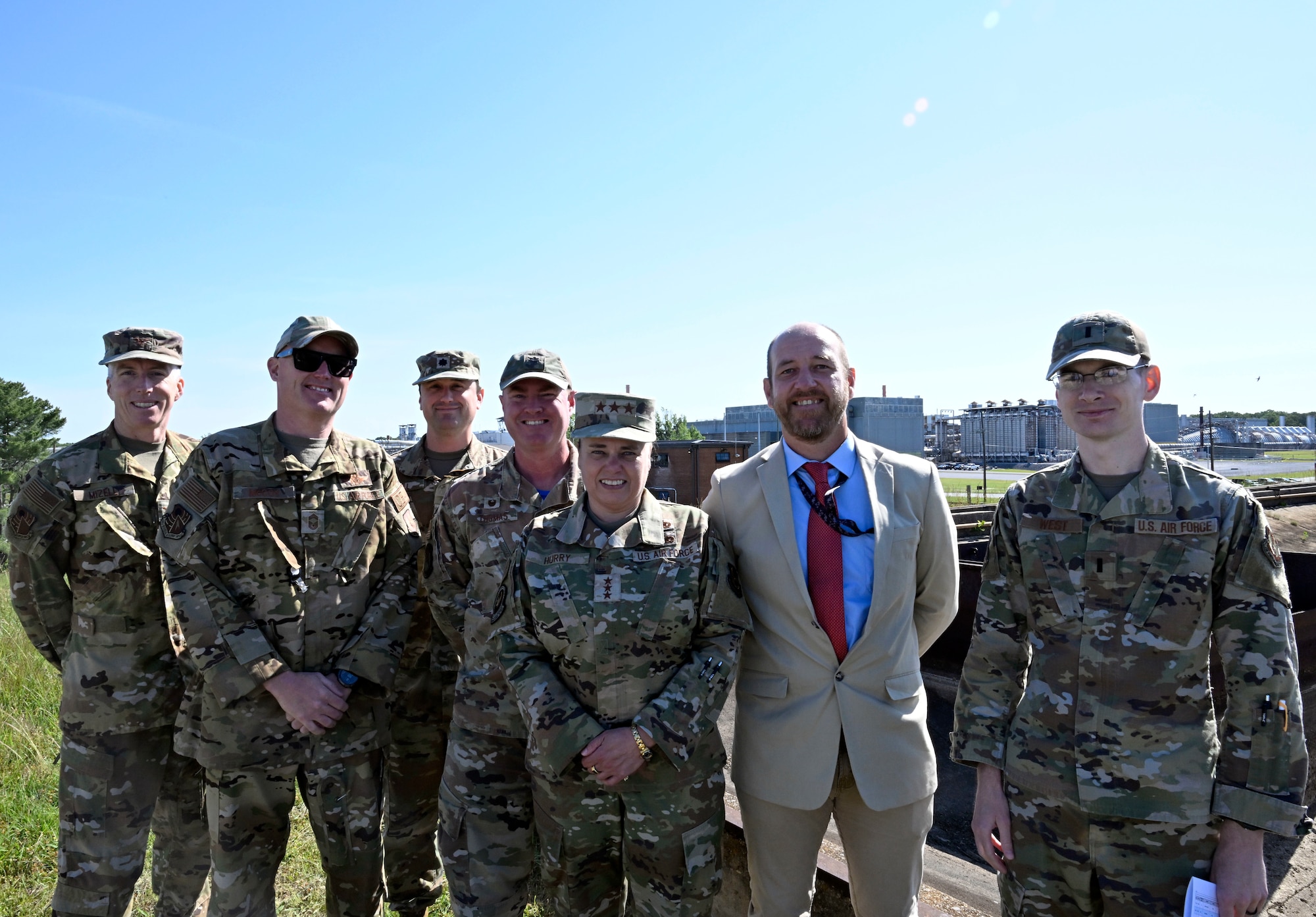 Lt. Gen. Linda Hurry, commander of Air Force Materiel Command, poses for a photo with members of the Arnold Engineering Development Complex team during a May 15, 2026, visit to Arnold Air Force Base, Tenn., headquarters of AEDC. Pictured with Hurry, from left, are Col. Grant Mizell, AEDC commander; Chief Master Sgt. Evan McCoy, AEDC Senior Enlisted Leader; Lt. Col. Kenneth Bull, 718th Test Squadron director of operations; Lt. Col. Joshua Thomas, 717th Test Squadron commander; Joshua Cooke, Arnold AFB senior utility manager; and 1st Lt. Benjamin West, 718th Test Squadron test analyst. AEDC is a unit of the Air Force Test Center, which is a unit of AFMC. (U.S. Air Force photo by Brad Hicks)