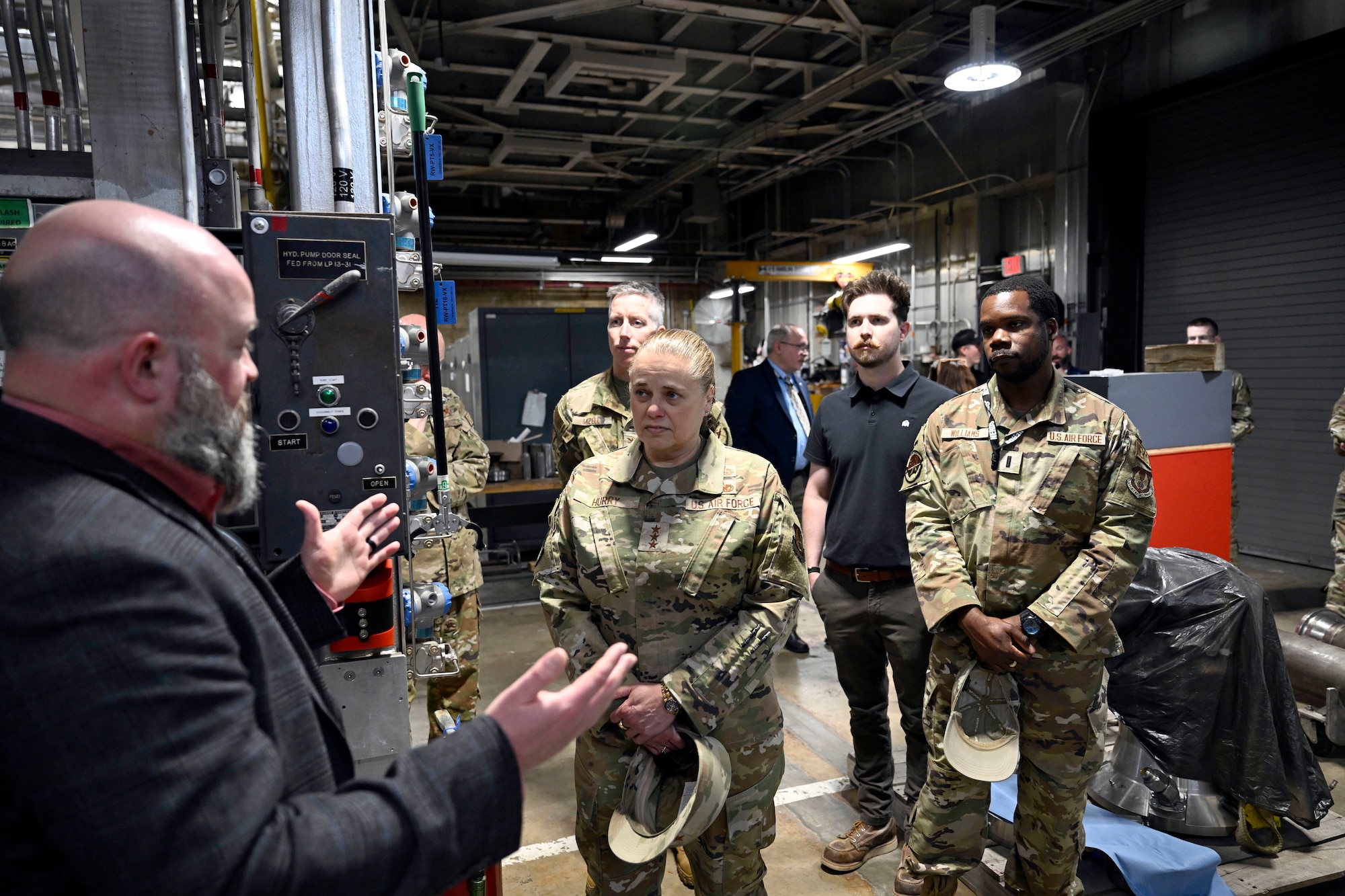 Lt. Gen. Linda Hurry, commander of Air Force Materiel Command, listens as Sean Smith, 715th Test Squadron technical director, left, provides a briefing on the High-Temperature Laboratory at Arnold Air Force Base. Hurry visited Arnold AFB, Tenn., May 15, 2026. Arnold AFB is the headquarters of Arnold Engineering Development Complex, a unit of the Air Force Test Center, which is a unit of AFMC. (U.S. Air Force photo by Brad Hicks)