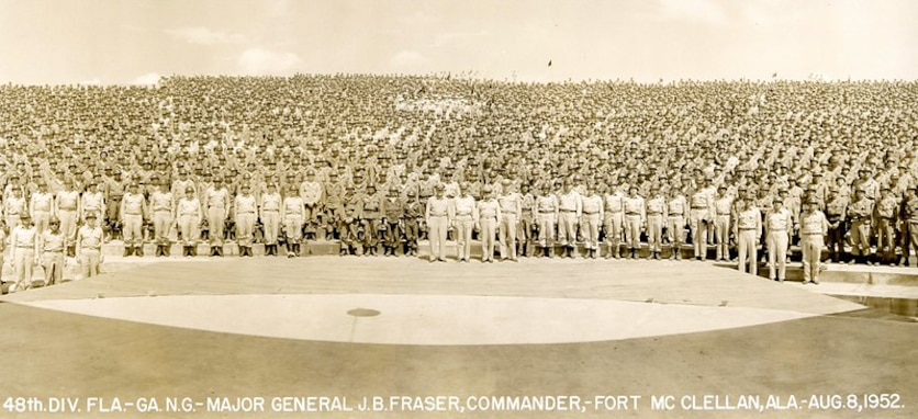 FORT MCCLELLAN, Ala., August 8, 1952 - The 48th Infantry Division poses for a division photo during annual training at Fort McClellan, Ala.
